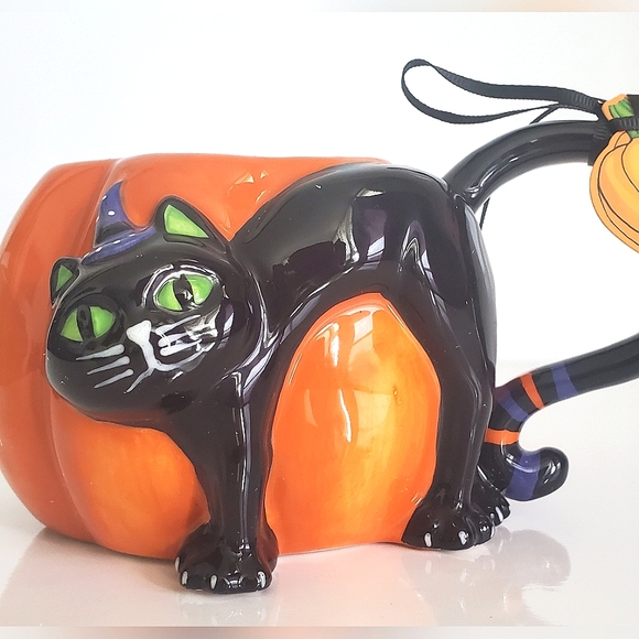 Blue Sky Clayworks Halloween 3D Cat Pumpkin Coffee Mug 16oz NWT Collectible - Picture 12 of 12